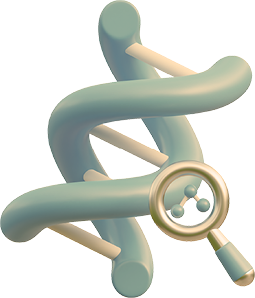 Magnifying glass focusing on a stylized 3D molecular structure with blue tubular shapes connected by small rods.